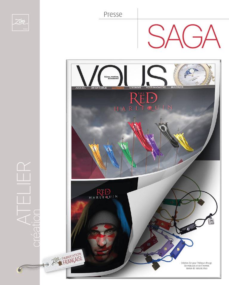 Arlequin Rouge article de presse: bijou licence TRH Jewel design. Couleur symbole de clan Jaune, Vert, Noir, Bleu, Violet, Orange. Création Zor paris