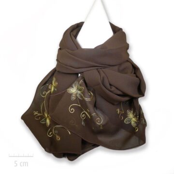 Grande étole marron brodée de fleurs jaune vert. Tissus crêpe opâque satiné, tendance bohème, femme romantique vintage. Création Zor paris