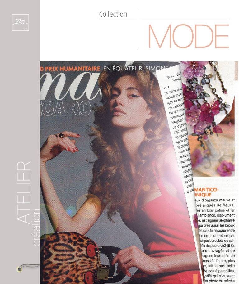 Madame Figaro, article presse: shopping dans la nouvelle boutique de créateur. Bijoutier artisan parurier, fantaisie Haut de gamme. Création Zor Paris 02