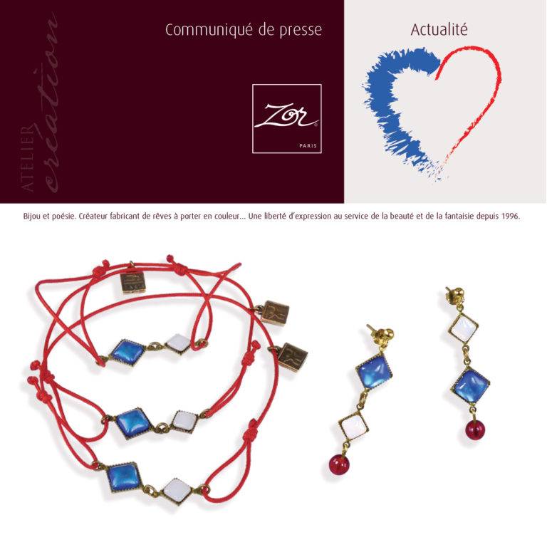 Bijoutier engagé: bijou symbole de paix en souvenir du Bataclan. Bracelet lien, boucles d’oreilles du drapeau français tricolore bleu, blanc, rouge. Zor Paris