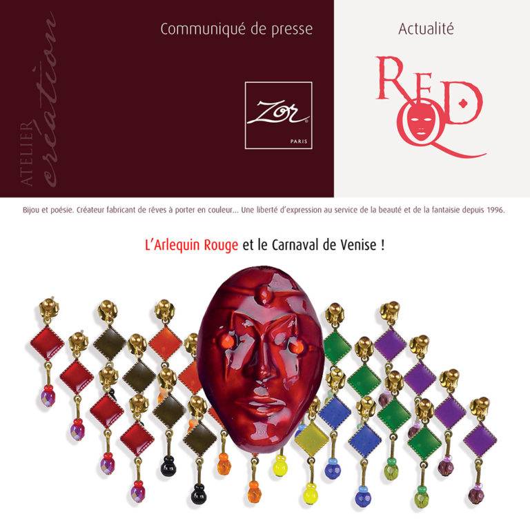 Arlequin Rouge, de Masque et de Chromes, bijou licence TRH Jewel design. Couleur symbole Jaune, Vert, Noir, Bleu, Violet, Orange. Création Zor paris