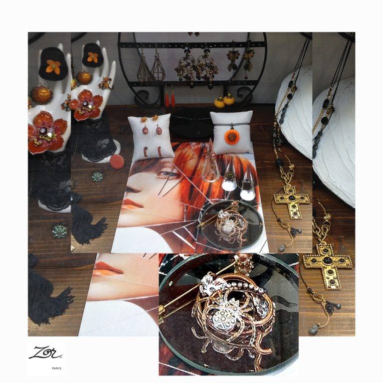 Spécial halloween bijoux à paris. Atelier Zor, artisan parurier, humour et fantaisie. Broche mygale, superstition orange et noir haut de gamme