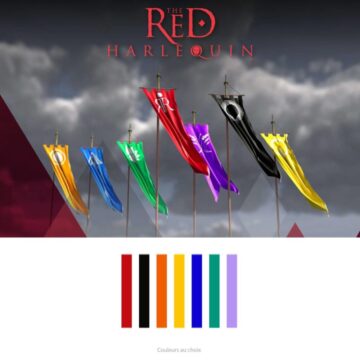 Bijou HOMME, barre rectangle, symbole de drapeau de l’Arlequin Rouge, roman fantastique TRH. Couleur orange, jaune, vert, noir, bleu, violet. Création Zor
