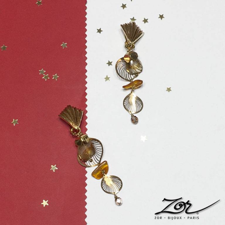 Grande boucle d’oreille clip, ambre et citrine, pour le célèbre évènement cinéma: Palme d’Or, Festival de Cannes. Création-Bijoux-Paris