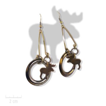 Boucle d'oreille ludique. Symbolique chaman et ombre d’animal totem élan, cerf, caribou. Bijou pendant percé, amusant en bronze. Création Zor Paris