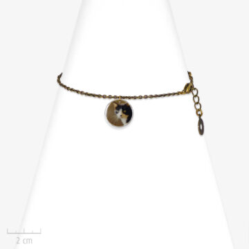 Bracelet enfant à photo de chat. Pendentif animal, charm rond sur chaîne fine bronze. Création Sébicotane. Bijou Zor Paris