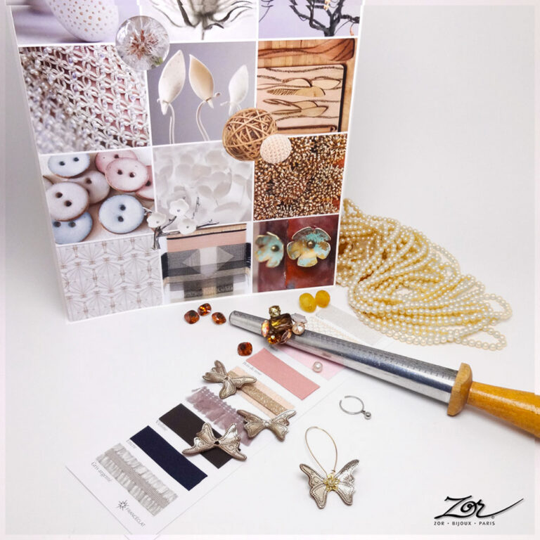 Atelier Zor, création, réparation et sur-mesure de bijoux et d'accessoires de mode. Papillon en cuir et perles de nacre...