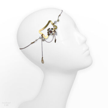 Accessoire cheveux romantique. Bijou de tête, rectangle Art Déco et fleur dorée. Zor Paris
