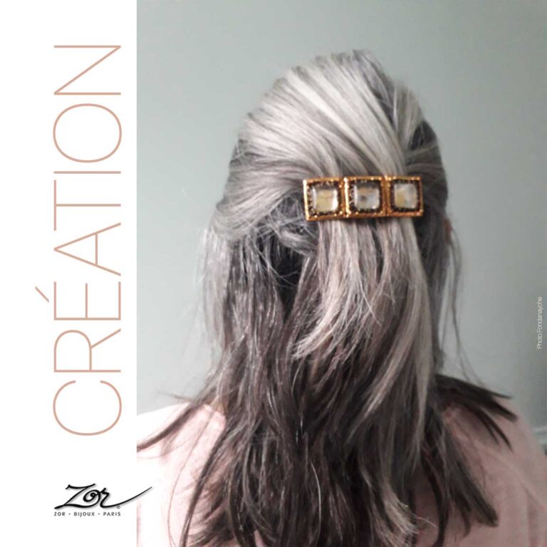Grande Barrette à cheveux pour femme. Bijou de tête or et cristal sur cheveux gris. Zor Paris 1 création