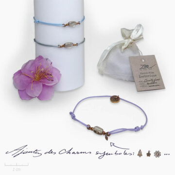Bracelet Homme avec cordon parme, bleu clair et gris. Surmonté d'une pierre quartz fumé bijou symbolique et grigri porte-bonheur précieux Zor Paris.