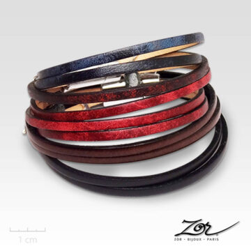 Bracelet Homme, cuir européen provenance Espagne. Tannage marbré vintage couleur rouge bordeaux, noir, marron, bleu à fermoir magnétique. Zor Paris 1