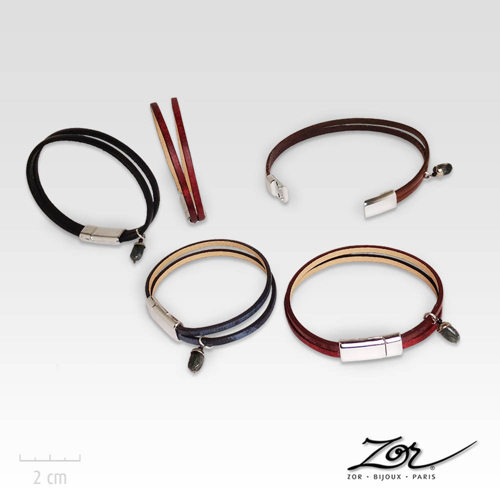 Bracelet Homme, cuir européen provenance Espagne. Tannage marbré vintage couleur rouge bordeaux, noir, marron, bleu à fermoir magnétique. Zor Paris 3