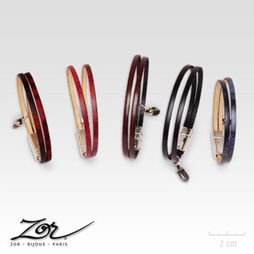 Bracelet bohème, cuir marbré vintage couleur rouge bordeaux, noir, marron, bleu à fermoir facile. Bijou argent. Zor Paris 2