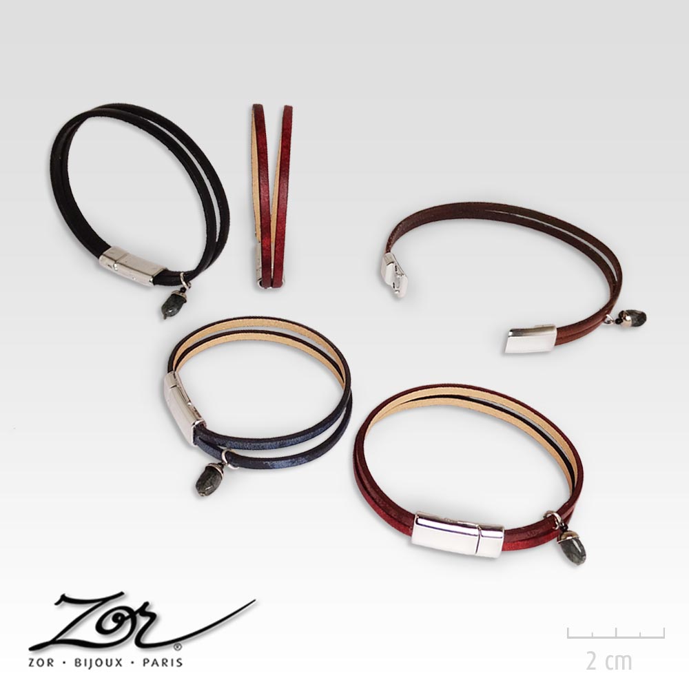 Bracelet bohème, cuir marbré vintage couleur rouge bordeaux, noir, marron, bleu à fermoir magnétique. Bijou argent femme. Zor Paris 5