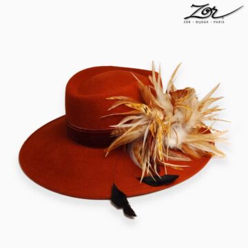 Coiffe cheveux: Broche Bibi Pince. Bijou de tête en plumes. Accessoire noire, brun, beige, camel sur chapeau rouge. Zor Paris 14