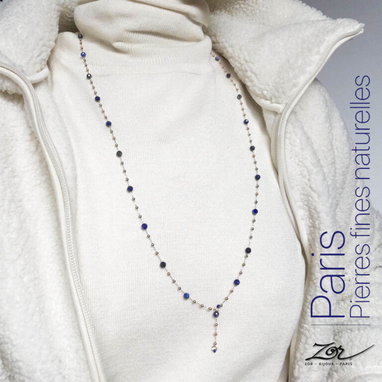 Bijou fin en pierre: Lapis lazuli, labradorite, agate, obsidienne, oeil de tigre, cornaline, rhodonite. Zor Paris 1