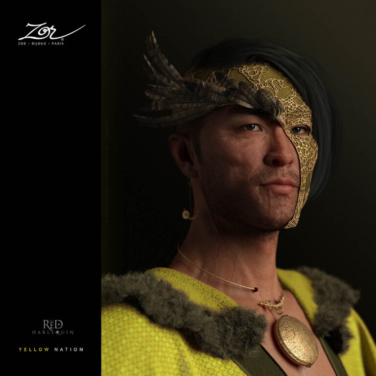 Tribu Hommes Jaune. Série Arlequin Rouge.The Red Harlequin TRH de Roberto Ricci, illustration P. Demure, création de bijoux Zor Paris