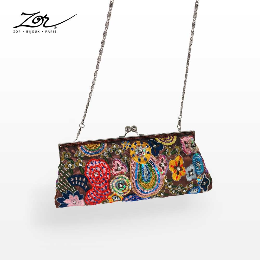 Sac accessoire clutch minaudière Henriette. Baguette trapèze multicolore brodé de cristal. Zor Paris 1