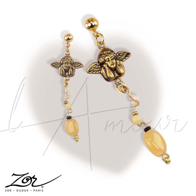 Saint-Valentin bijou: un cadeau d'ange et et de pierre. Boucle d'oreille Romantique dorée. Zor Paris 2